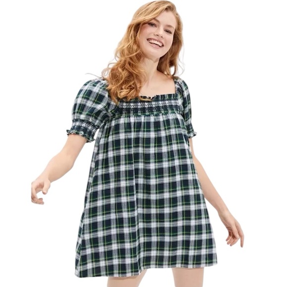 NWT American Eagle Outfitters Puff-Sleeve Plaid Smocked Babydoll Dress Tall - Picture 1 of 14